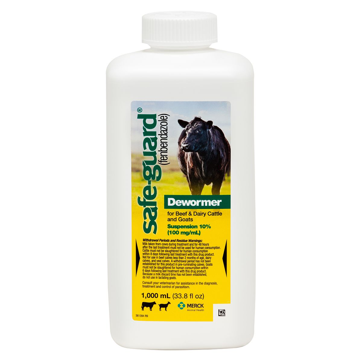 Safe-Guard dewormer bottle for beef and dairy cattle on a white background
