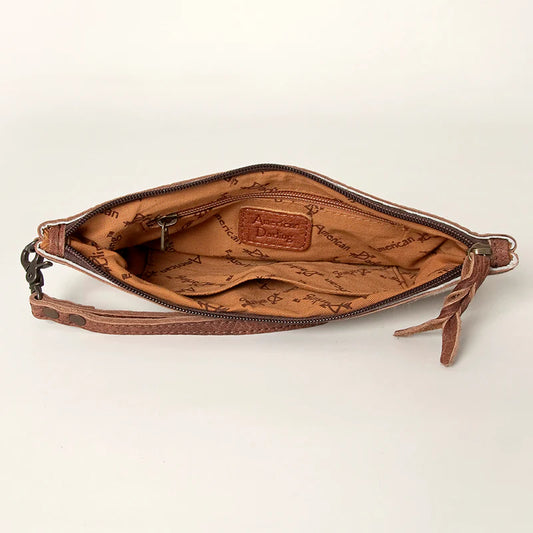 American Darling Hair-On Hide Rodeo Wristlet Clutch with Cowboy Wrestling Engraving