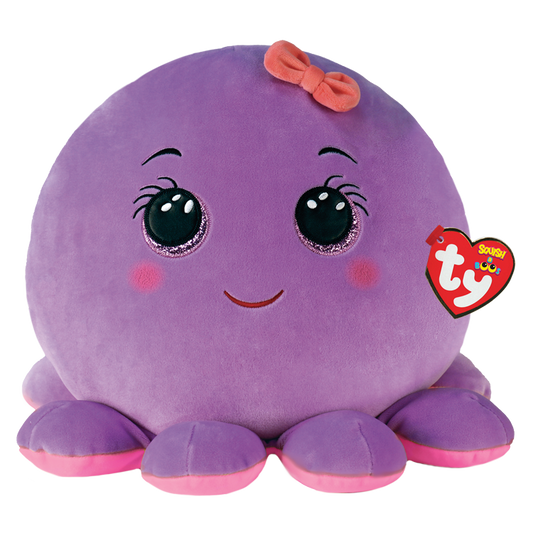 Purple octopus plush toy with a bow on, featuring a Ty Squish a Boos tag on a white background