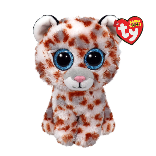 Plush toy leopard with Ty Beanie Boos tag on a white background