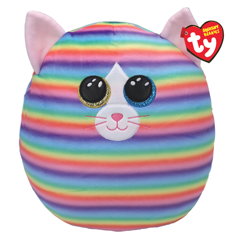 Ty Squishy Beanie cat plush toy with rainbow striped pattern on a white background