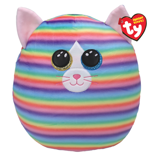 Ty Squishy Beanie cat plush toy with rainbow striped pattern on a white background