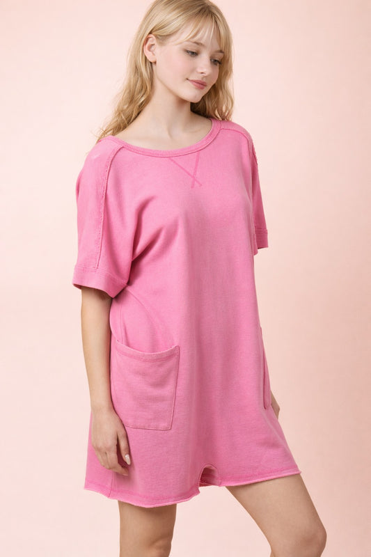 Mineral Washed Knit Casual Romper in Pink