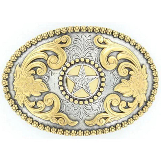 Nocona Oval Floral Embossed Silver and Gold Buckle