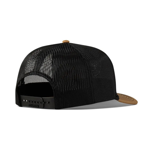 Back view of black mesh cap with brown brim on a white background