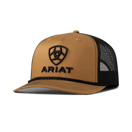 Brown and black Ariat cap on a white background