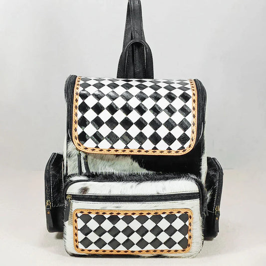 Hand Tooled Hair on Leather Black and White Checkered Backpack