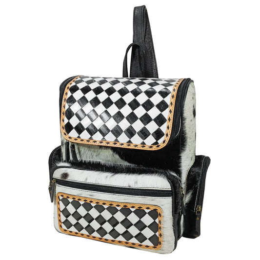 Hand Tooled Hair on Leather Black and White Checkered Backpack