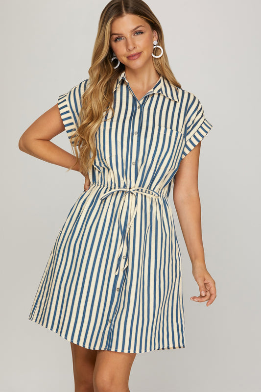 Drop Shoulder Navy Striped Mini Dress