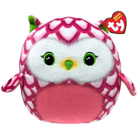 Round, plush toy owl with pink and white pattern and a Ty Squishy Beanies tag on a white background