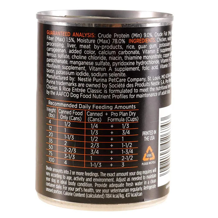Back of a canned pet food can with guaranteed analysis, ingredients, and feeding amount information.