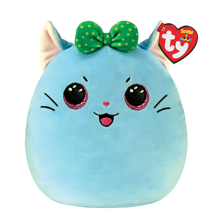 Round blue plush cat toy with a green bow and Ty Squish a Boos tag on a white background