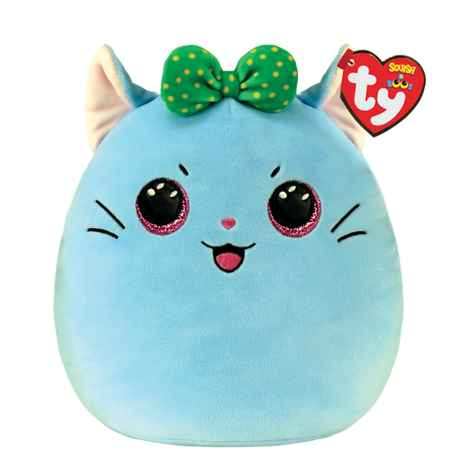Round blue plush cat toy with a green bow and Ty Squish a Boos tag on a white background