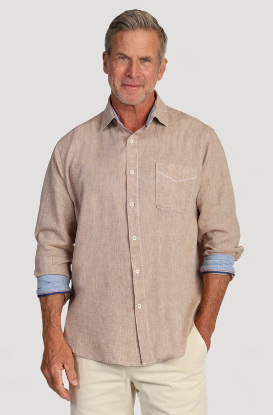 True Grit Washed Melange Linen Long Sleeve Shirt in Khaki