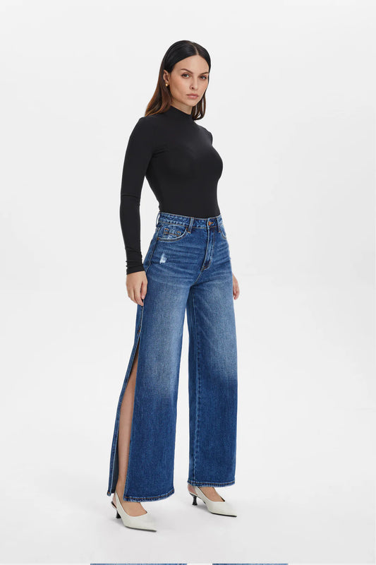 Bayeas High Rise Wide Leg Denim Jeans with Slit in Lovely