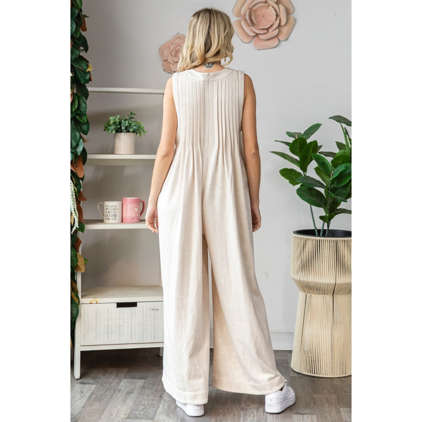 Cream Pleated Sleeveless Jumpsuit