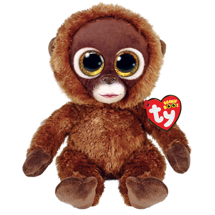 Brown plush monkey toy with a visible Ty Beanie Boos tag on a white background