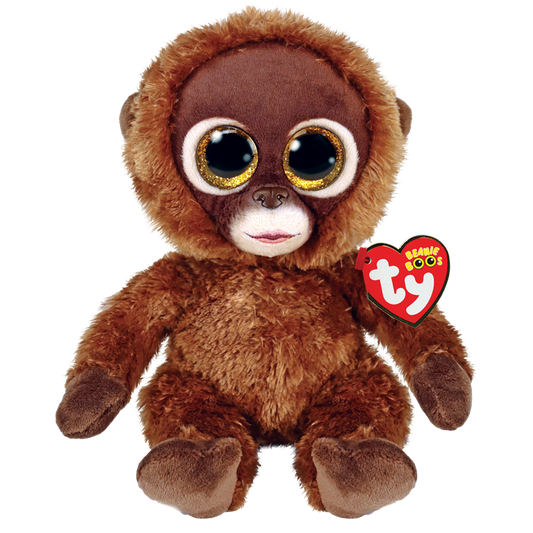 Brown plush monkey toy with a visible Ty Beanie Boos tag on a white background