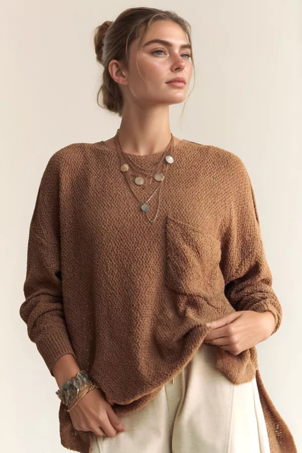 Davi & Dani Mocha Textured Yarn Detail Relaxed Fit Sweater