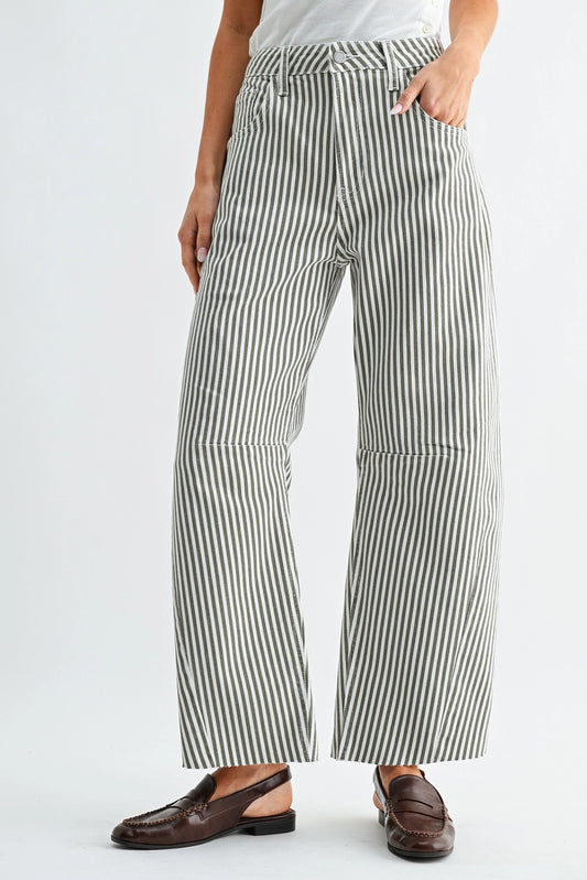 Olive Stripe Raw Hem Barrel Jean
