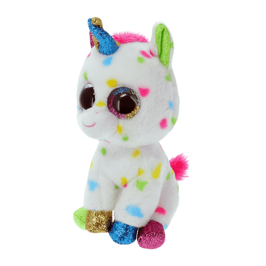 Side view of a white unicorn with multicolored hooves and spots.