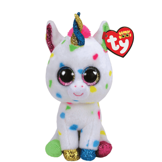 Ty Beanie Boos plush unicorn toy with multicolored hooves and spots on a white background
