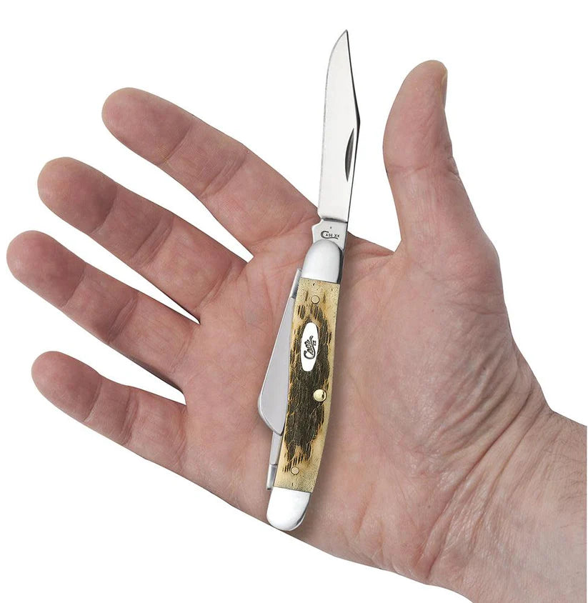 Case Peach Seed Jig Amber Bone Carbon Steel Medium Stockman with Spey Blade