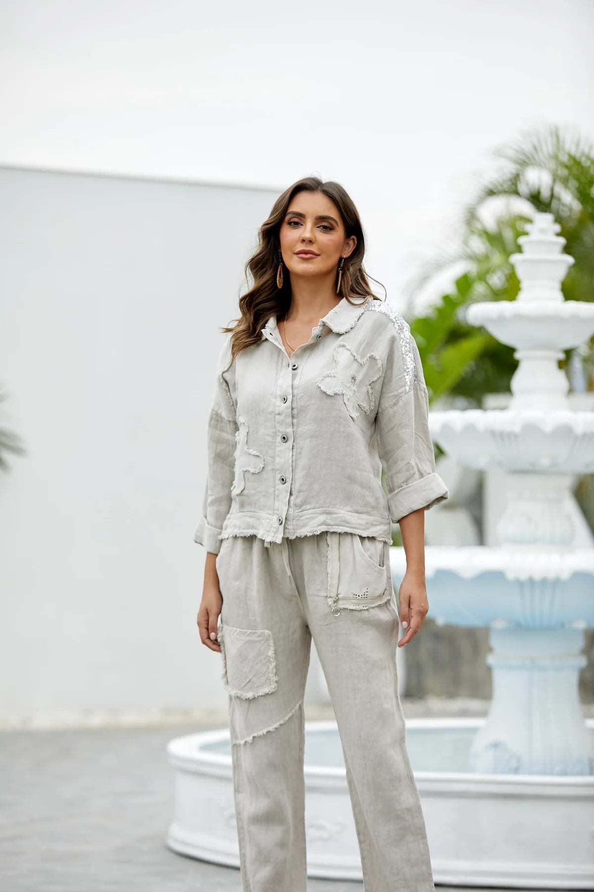 Garden Elegance Beige Linen Pants
