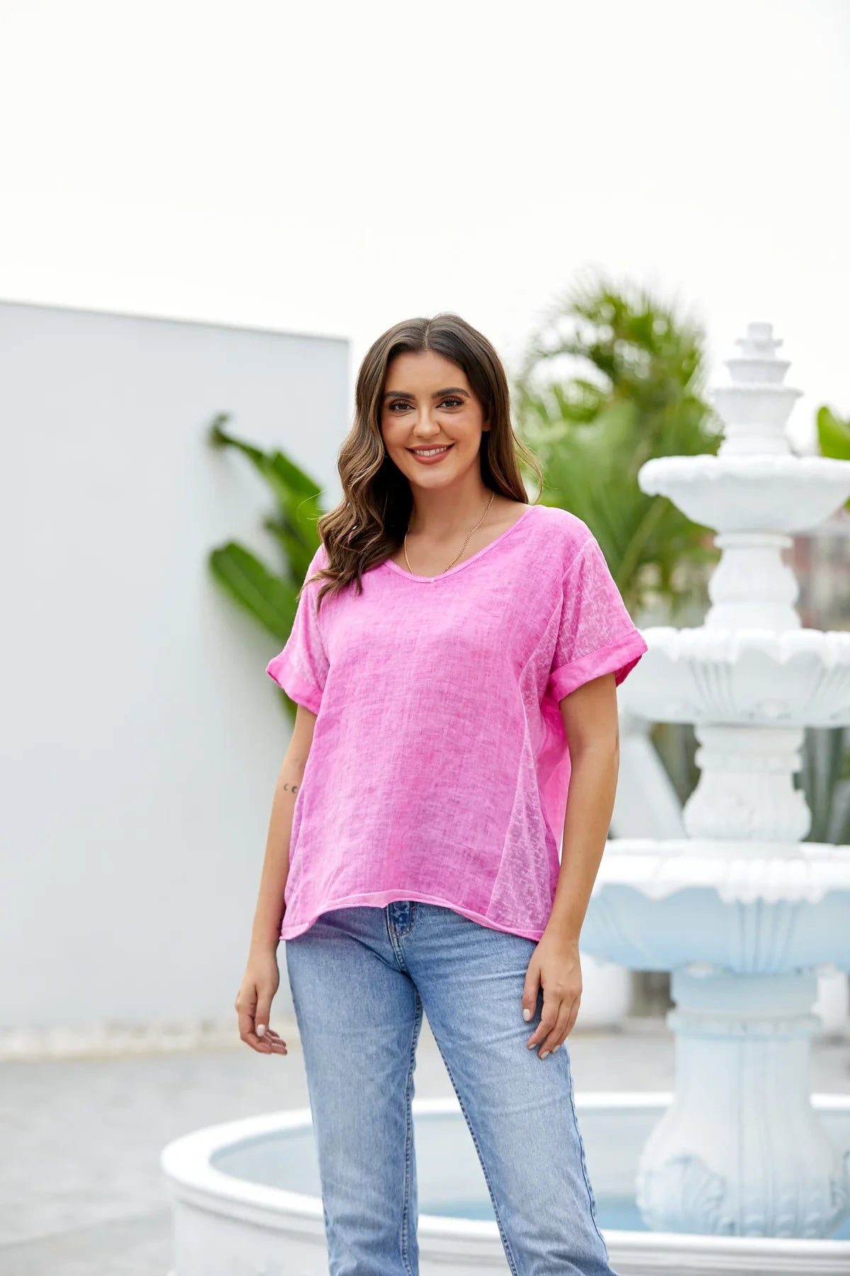 Fuchsia Breezy V-Neck Linen Tee