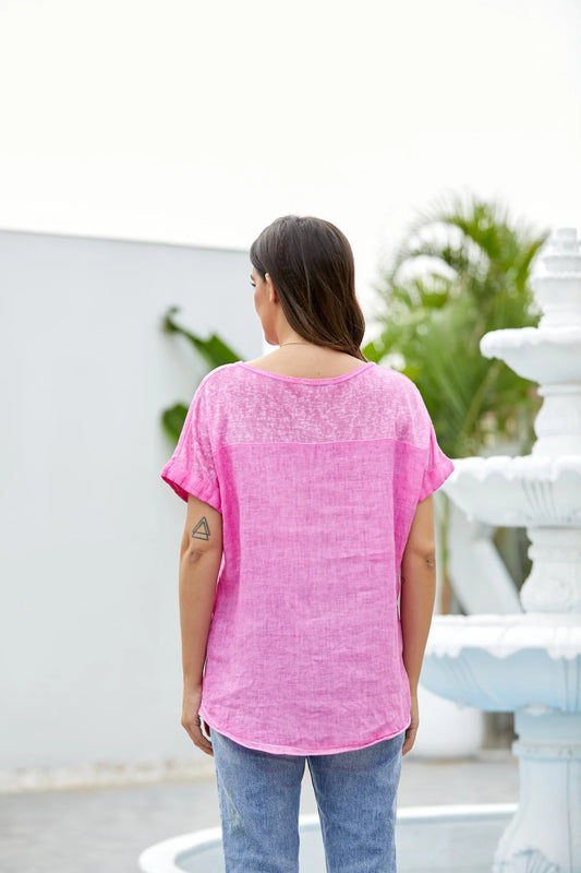 Fuchsia Breezy V-Neck Linen Tee