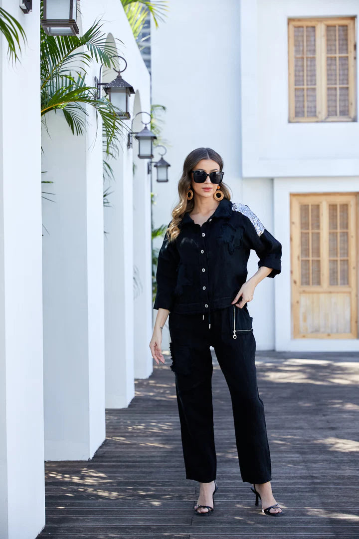 Garden Elegance Black Linen Jacket with Beading