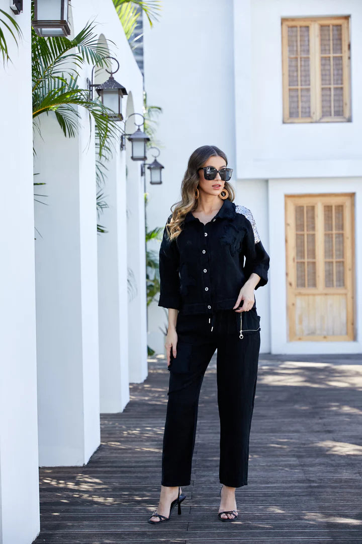 Garden Elegance Black Linen Pants