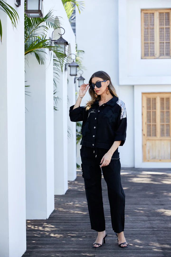 Garden Elegance Black Linen Pants