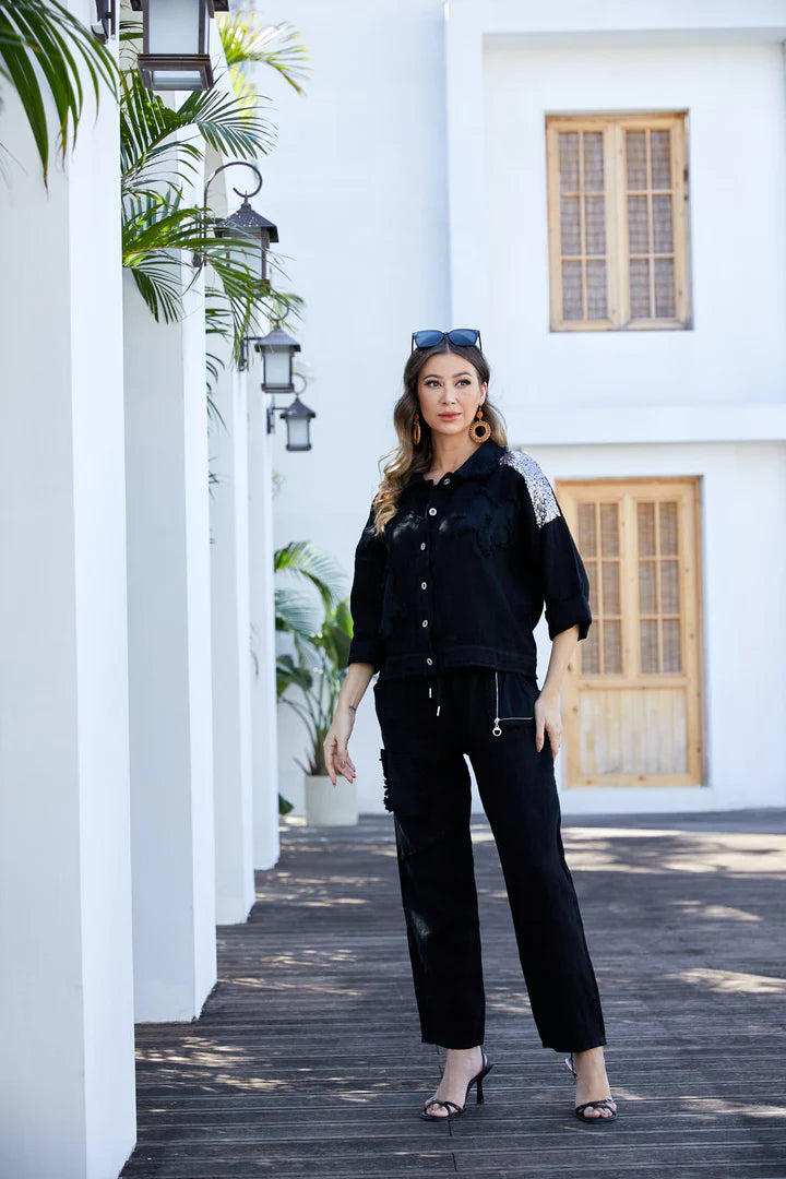 Garden Elegance Black Linen Pants