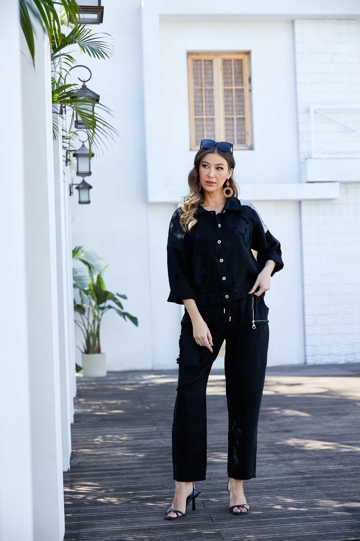 Garden Elegance Black Linen Pants