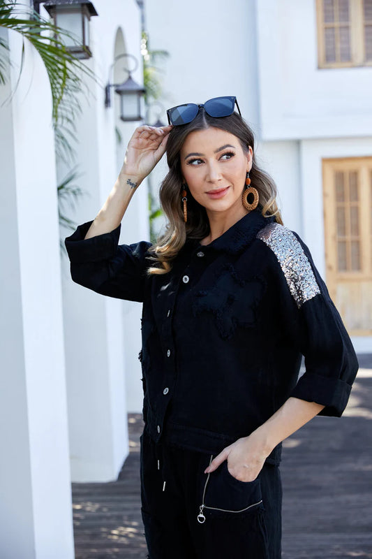 Garden Elegance Black Linen Jacket with Beading