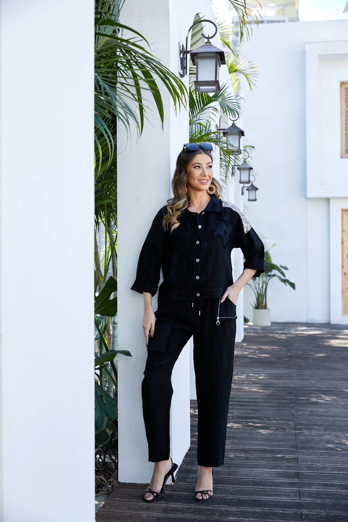Garden Elegance Black Linen Pants