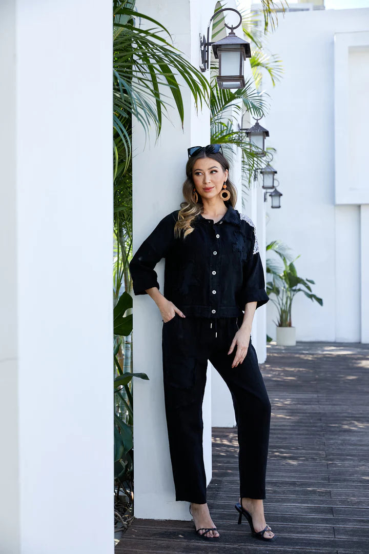 Garden Elegance Black Linen Pants