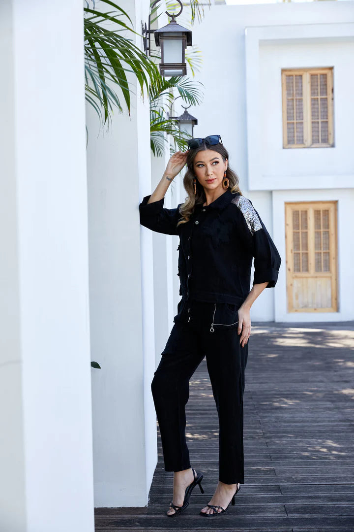 Garden Elegance Black Linen Pants