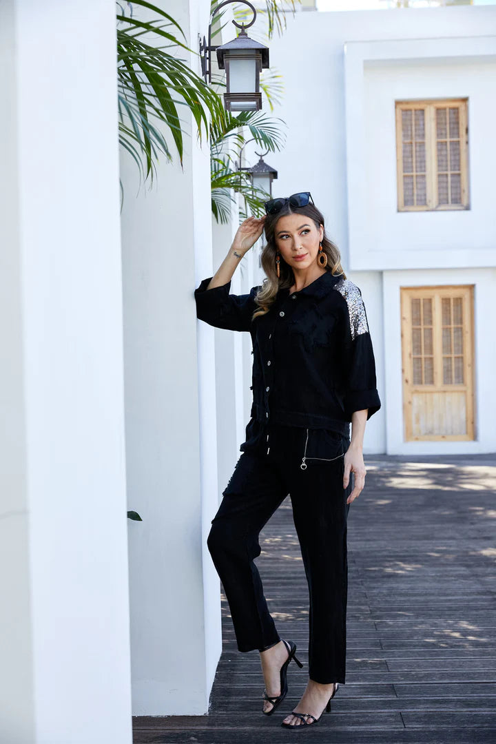 Garden Elegance Black Linen Pants