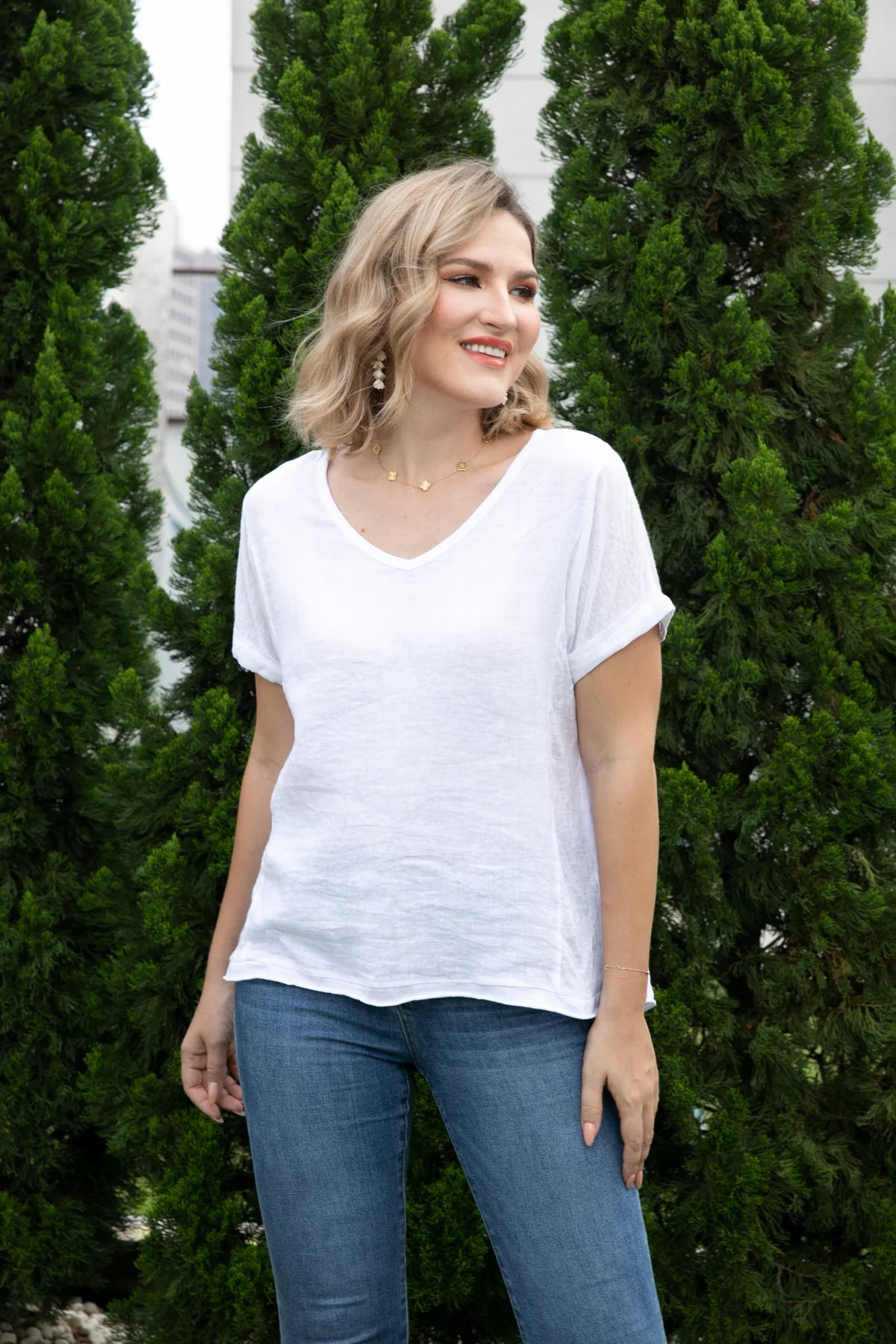 White Breezy V-Neck Linen Tee
