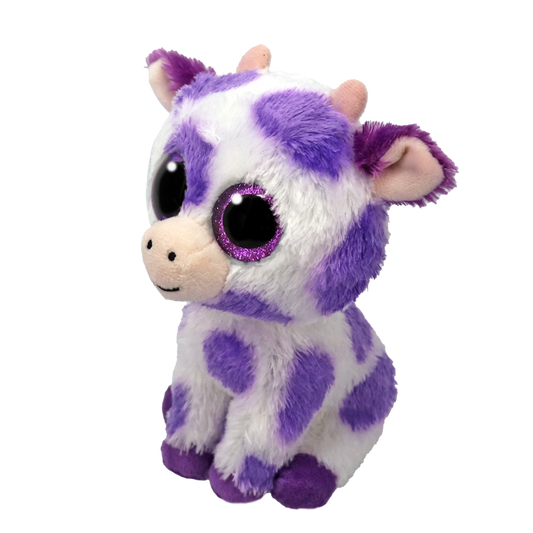 Side view of a purple and white spotted plush cow.