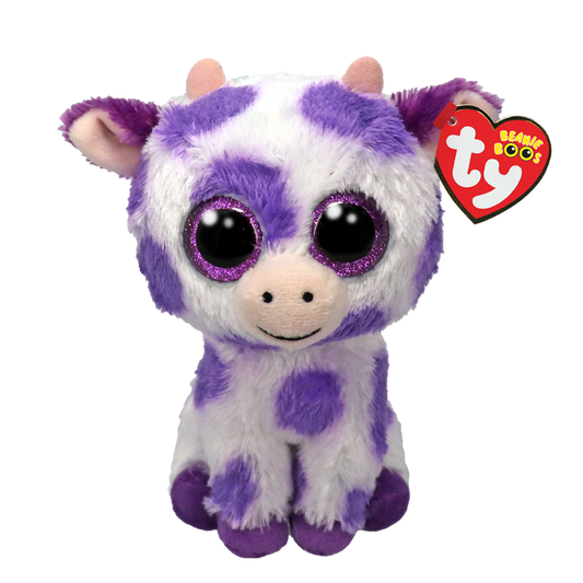 Purple and white spotted plush cow with Ty Beanie Boos tag.