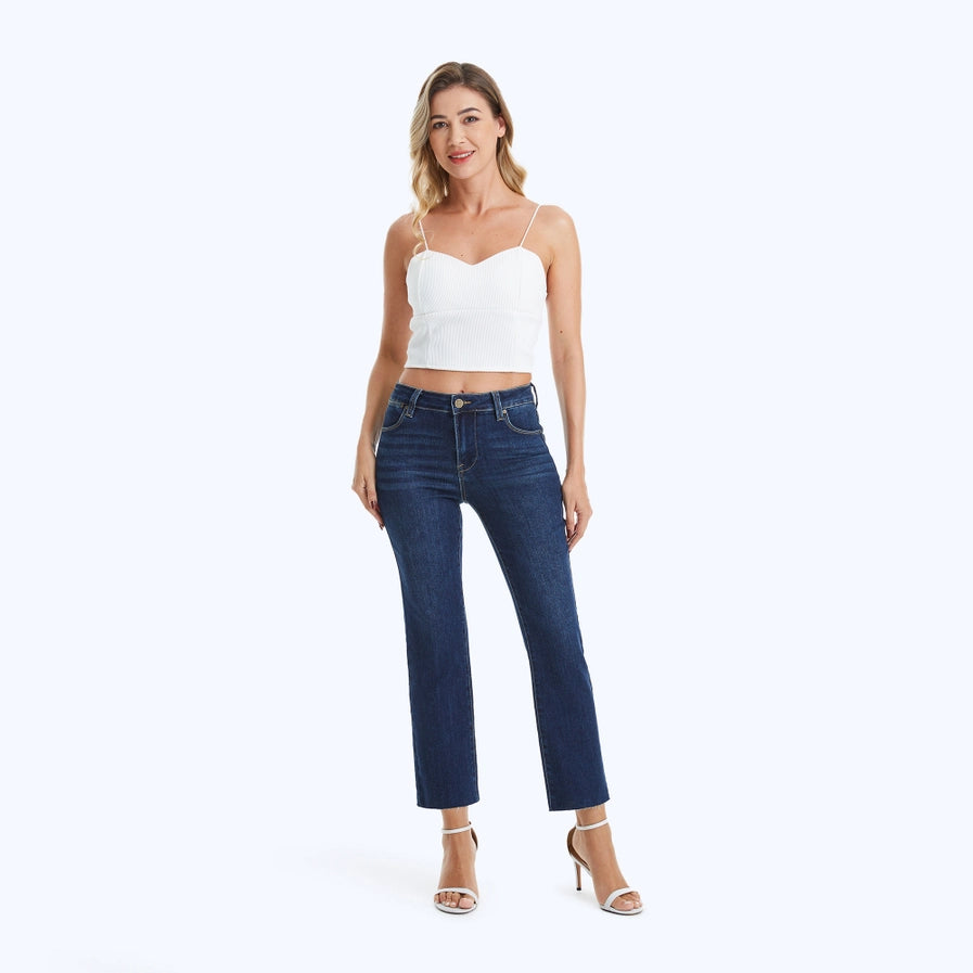 Bayeas Mid Rise Cropped Straight Jeans with Raw Hem