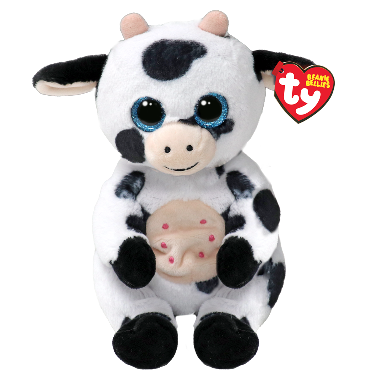 Plush cow toy with black and white spots and blue eyes, featuring the Ty Beanie Bellies logo.