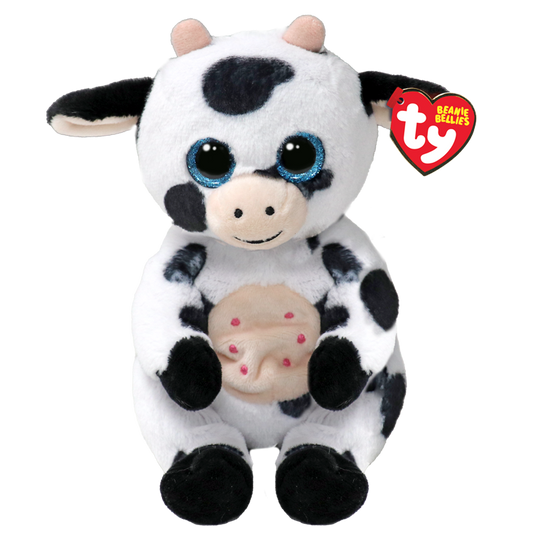 Plush cow toy with black and white spots and blue eyes, featuring the Ty Beanie Bellies logo.