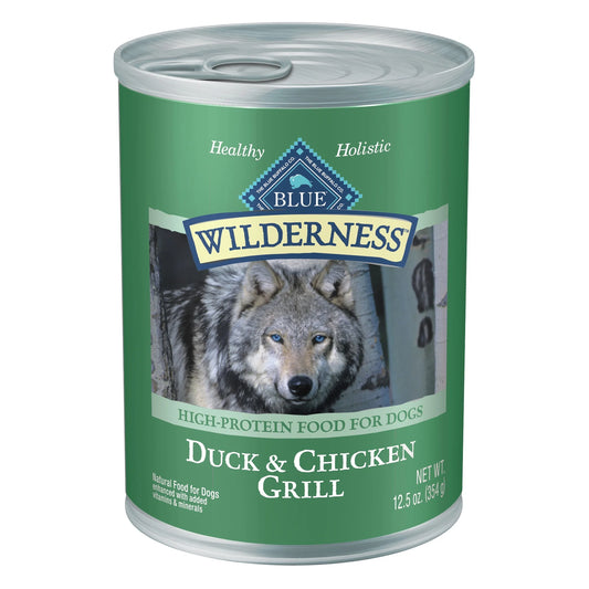 Can of Blue Wilderness Duck & Chicken Grill dog food on a white background
