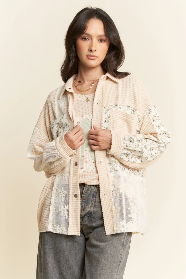 Davi & Dani Beige Multi Fabric Knit Shacket Curvy
