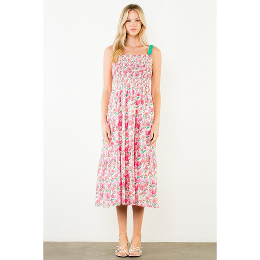Floral Print Smocked Bodice Tiered Maxi Dress