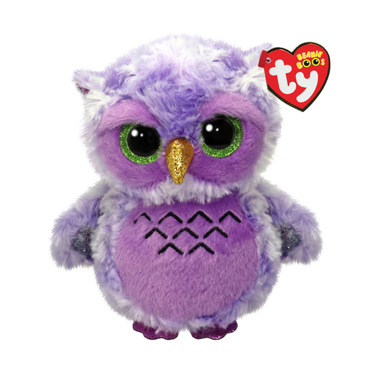 Purple owl plush toy with green eyes and a gold beak, featuring a Ty Beanie Boos tag.